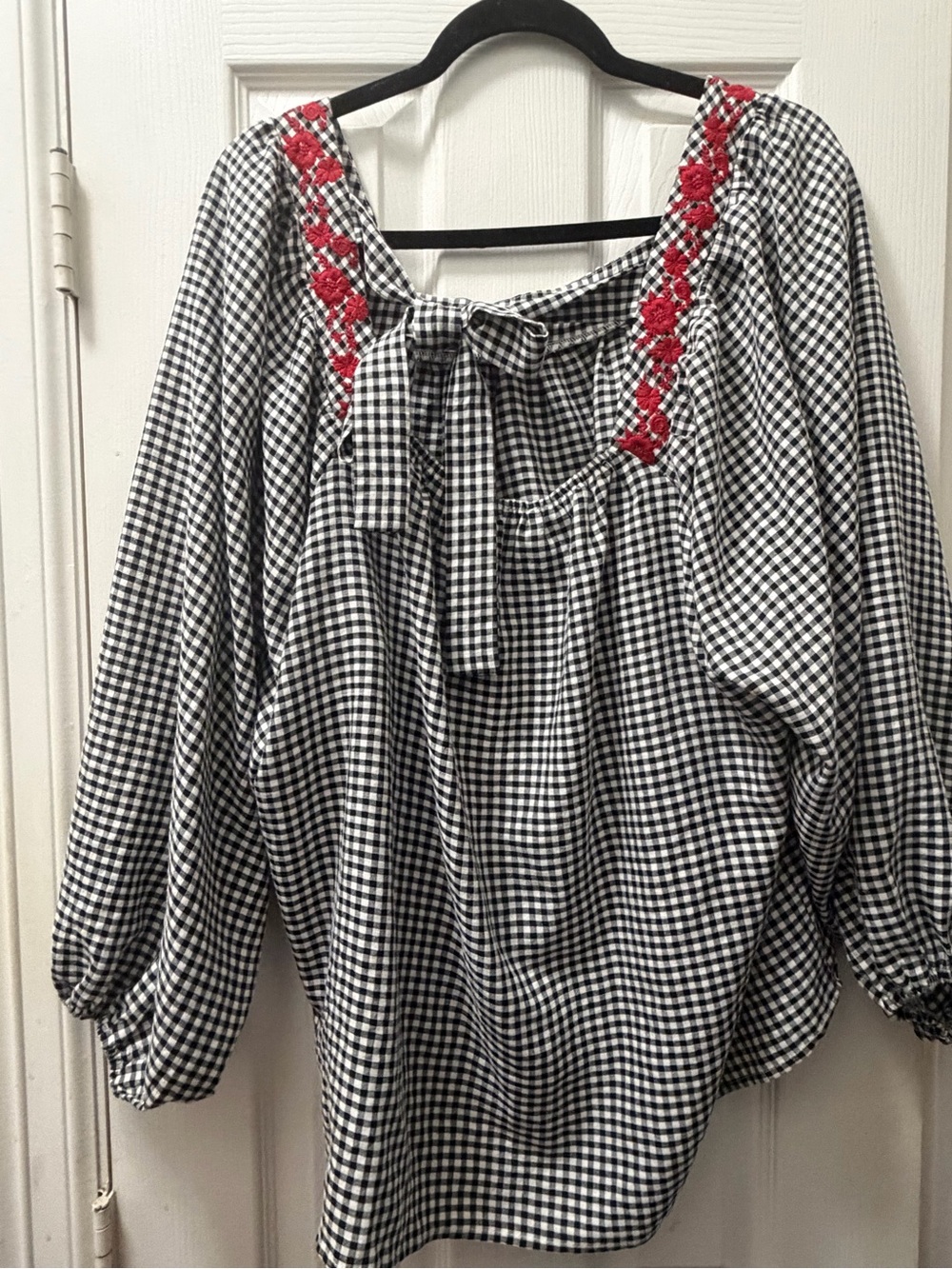 Savanna Jane Black-and-White Gingham Blouse with Red Embroidered Neckline - Picture 3 of 4
